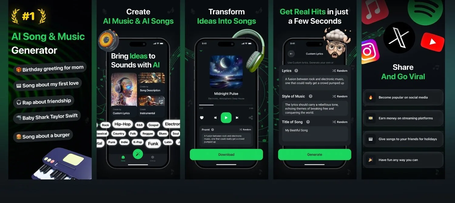 AI Music & Song Generator iOS app screen 1 — Turn prompts and lyrics into complete original songs, instantly.