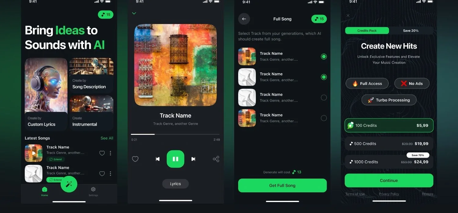 AI Music & Song Generator iOS app screen 2 — Turn prompts and lyrics into complete original songs, instantly.