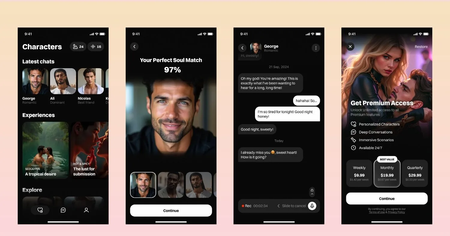 Boyfi iOS and Android app screen 2 — AI companion for meaningful conversations and immersive role-play.