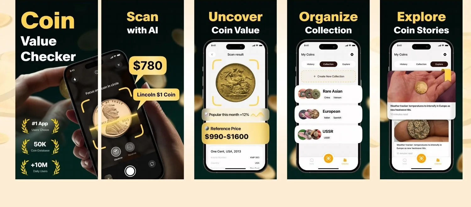 Coin ID Scan iOS app screen 1 — AI-powered coin recognition with PCGS grading and live market values.