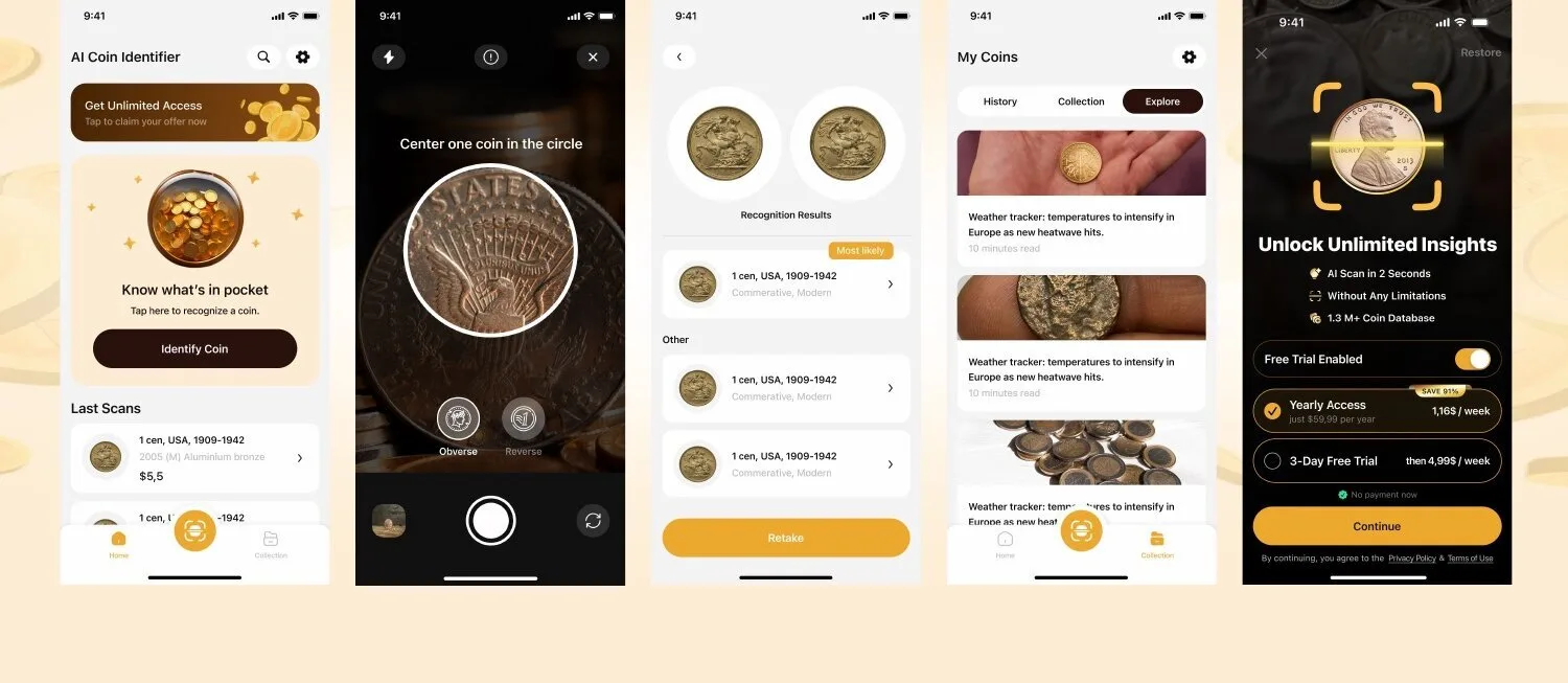 Coin ID Scan iOS app screen 2 — AI-powered coin recognition with PCGS grading and live market values.