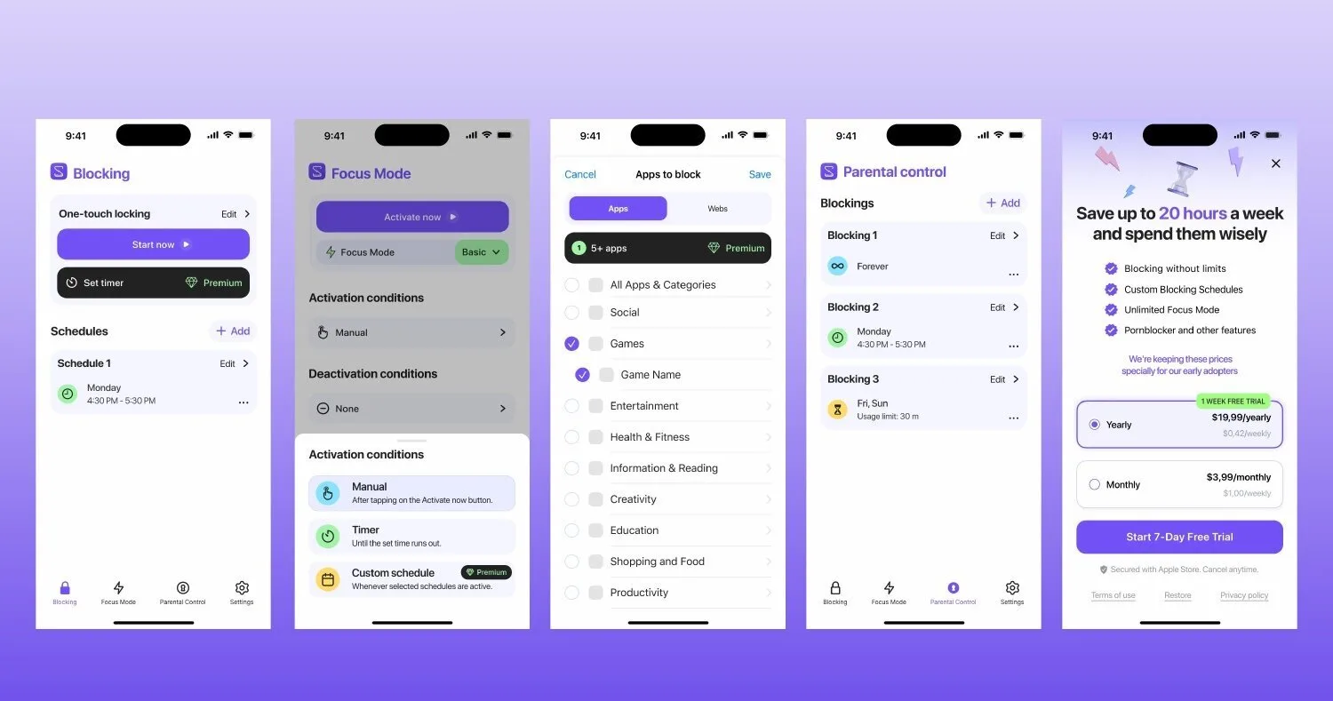 Screen Time Limit: Focus Mode iOS app screen 2 — Block apps, set limits, and build focus sessions — with parental controls.