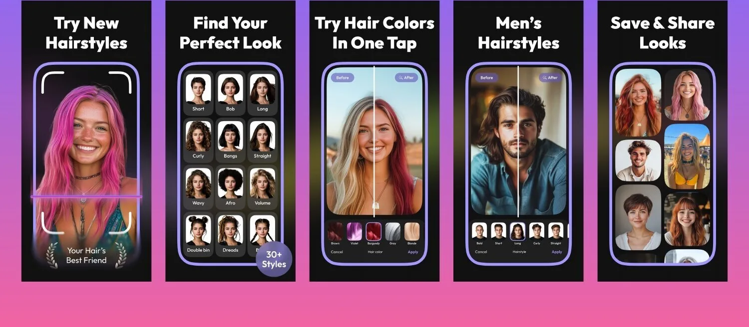 Hairly — Hair Color Changer iOS app screen 1 — Try 30+ hairstyles and colors instantly with AI-powered virtual try-on.