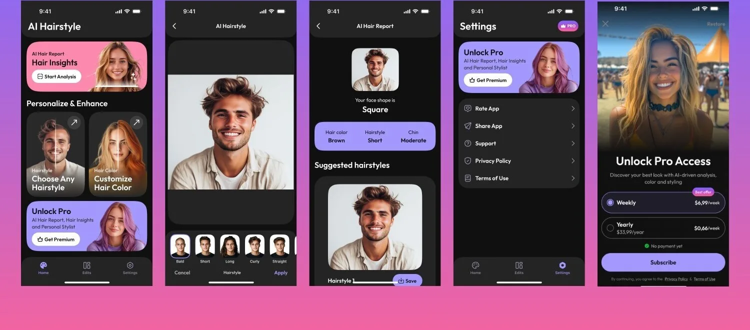 Hairly — Hair Color Changer iOS app screen 2 — Try 30+ hairstyles and colors instantly with AI-powered virtual try-on.