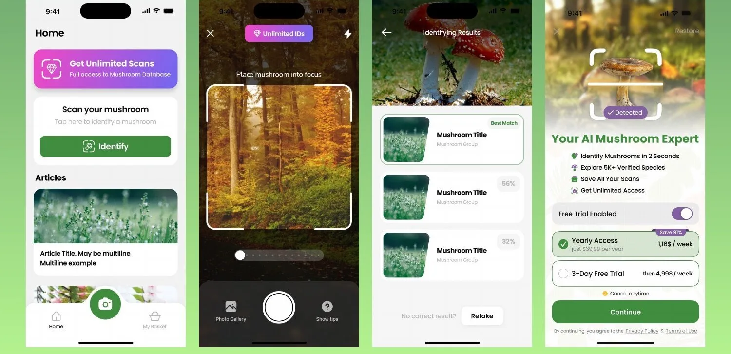 Mushroom Identifier iOS app screen 2 — Identify mushroom species from a photo with AI and a curated database.