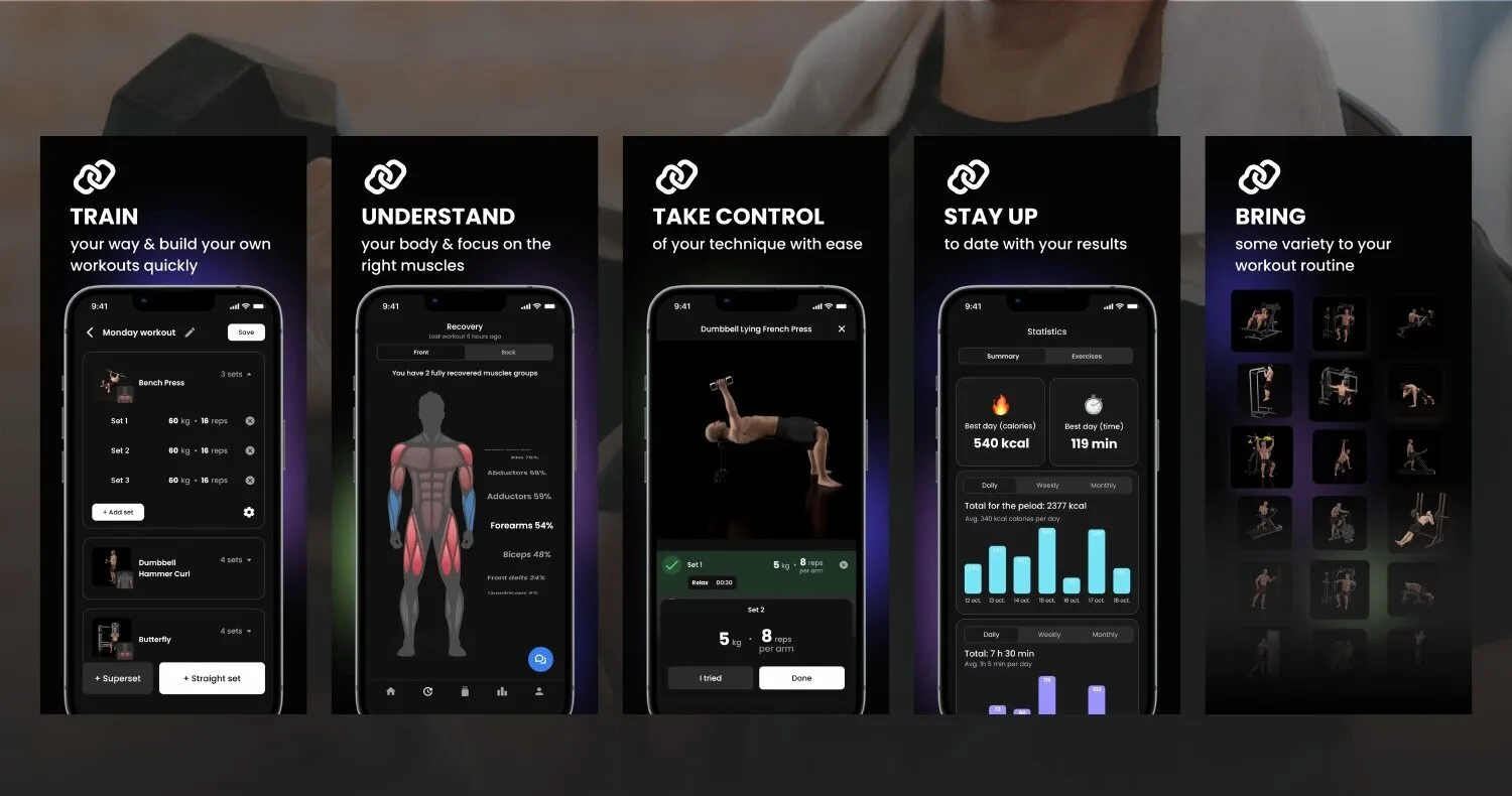 MyCoach iOS and Android app screen 1 — Personalized workout plans, recovery tracking, and 250+ exercises.