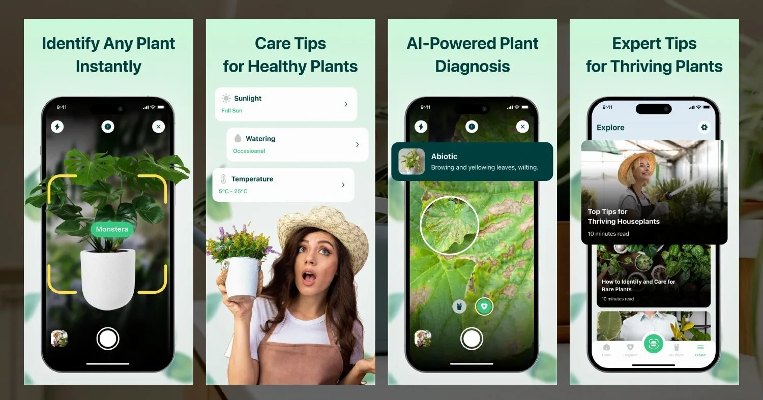 Plant ID — Flower Care iOS app screen 1 — Identify plants from photos and get personalized care recommendations.