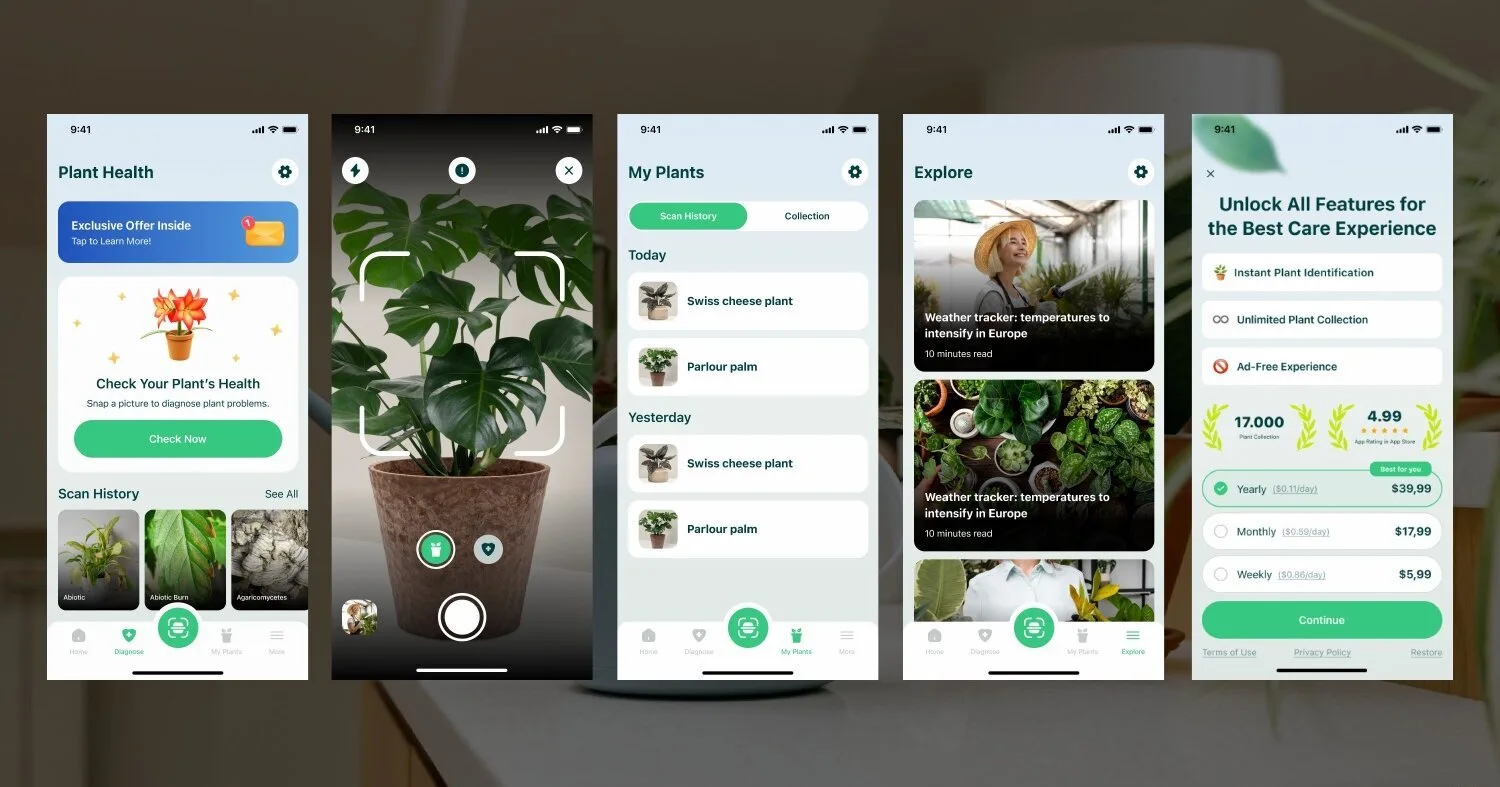 Plant ID — Flower Care iOS app screen 2 — Identify plants from photos and get personalized care recommendations.