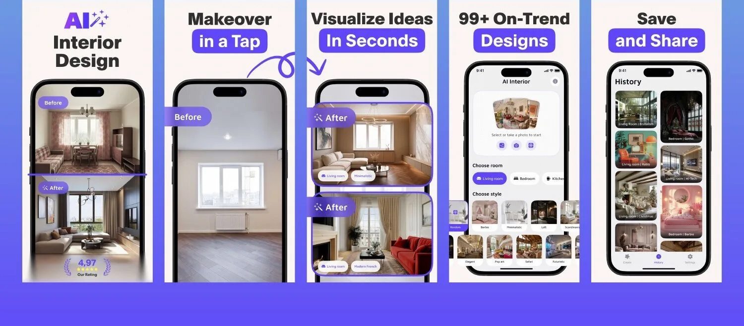 RoomFlash iOS app screen 1 — Transform any room photo into a fully redesigned interior with AI.