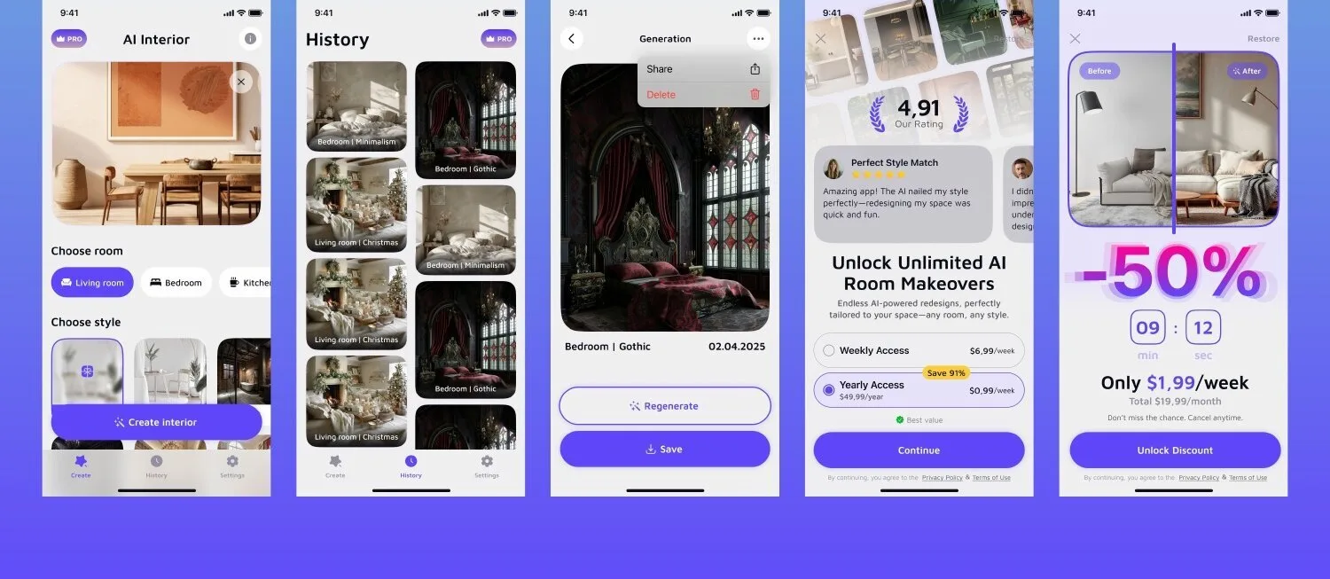 RoomFlash iOS app screen 2 — Transform any room photo into a fully redesigned interior with AI.